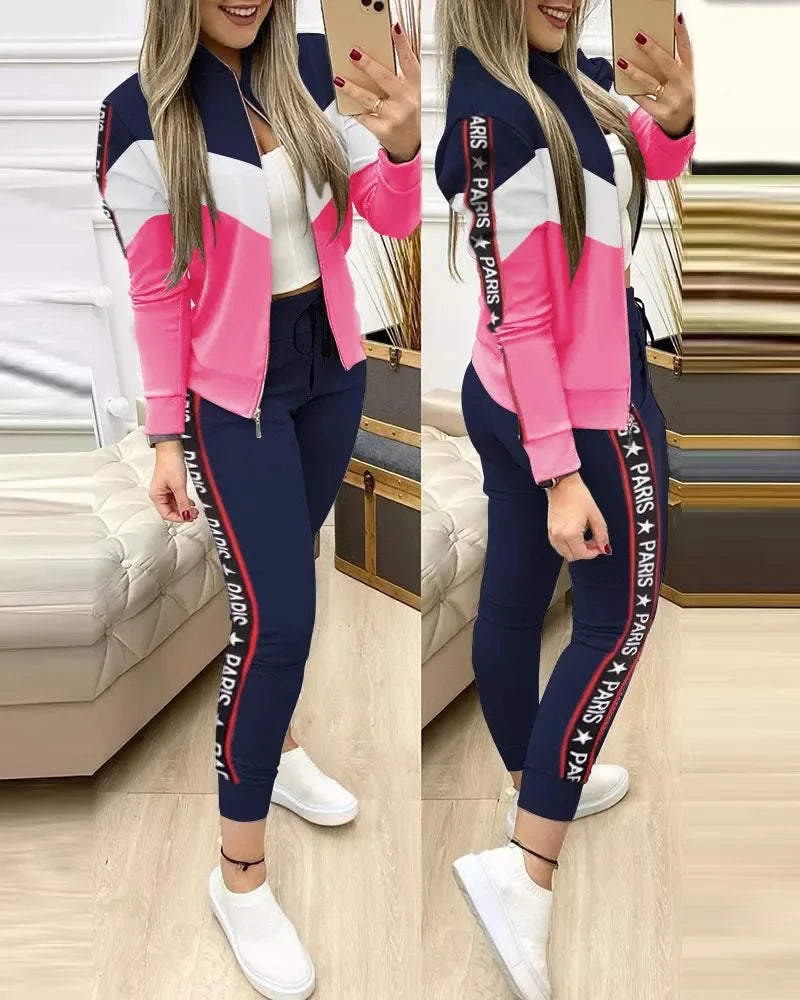 Plus Size 2023 European American Cross-border Fast Selling 2-piece Set Sports Casual Zipper Splicing Paris Letter Trousers Wo...