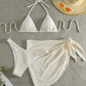 Sexy halter women solid white bikini sets three pieces with cover skirt swimsuit Swimwear bathing suit beach outfits biquini