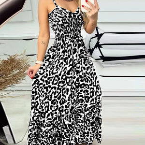 Summer new leopard print camisole V-neck dress high waisted skirt sexy temperament  long skirt women's clothing plus size