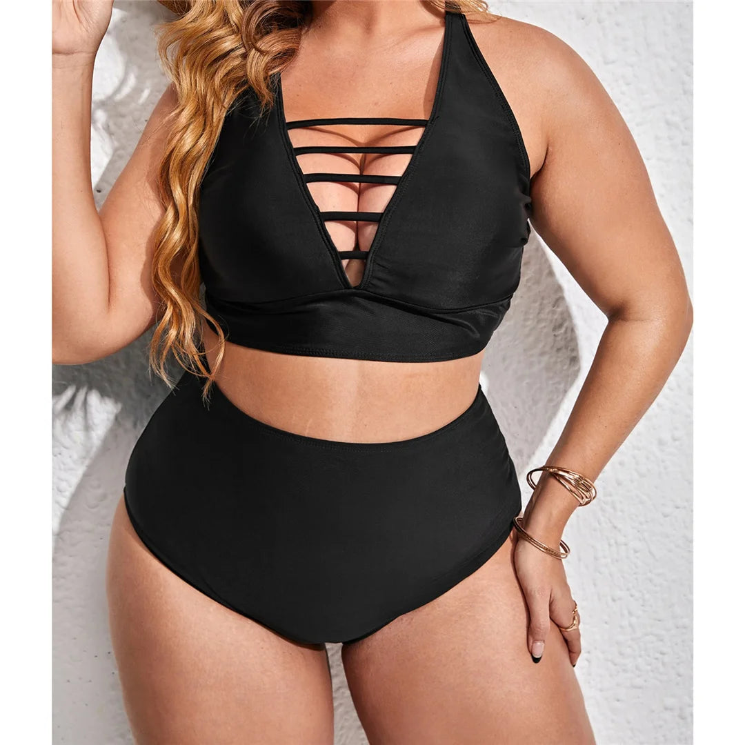 0XL - 4XL Sexy V Neck Bikini Large Size Swimwear Plus Size Women Swimsuit Female Two-pieces Bikini set Bather Bathing Suit V3783