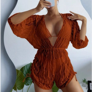 3 Pieces Swimsuit Women's Matching Set Push Up Bikinis+Sexy Mesh Bodysuit Drawstring Cover-Up Swimwear Bathing Suits Beachwear