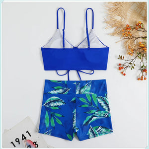 Tropical Print Drawstring Bikini Women High Waist Swimsuit Front Tie Shorts Swimwear Female Sexy Bathing Suit Beach Wear Summer