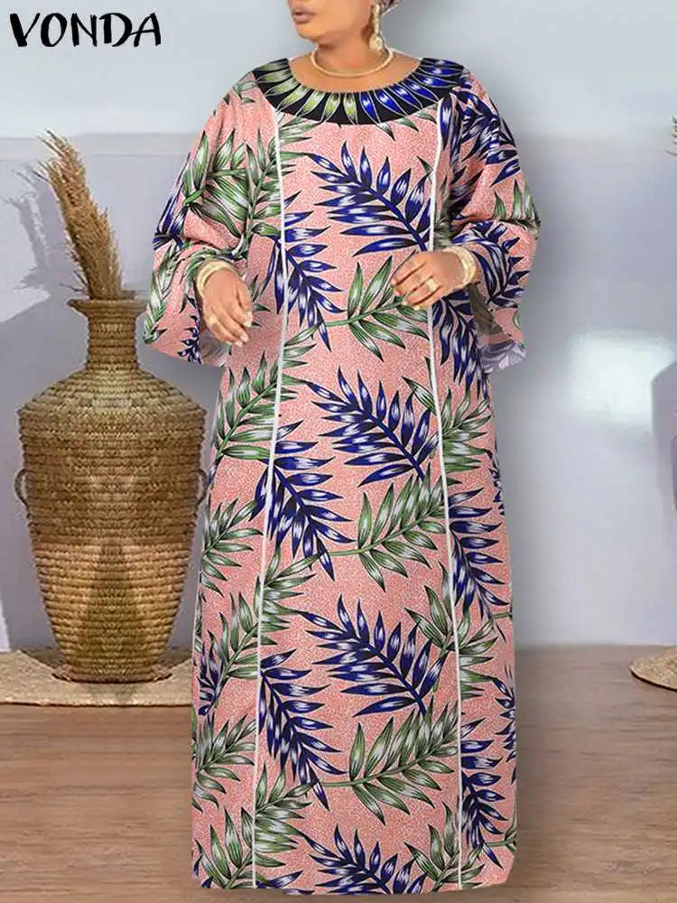 Plus Size 5XL VONDA Women Bohemian Printed Maxi Dress Long Sundress Long Flare Sleeve Casual Loose Elegant Party Vestido Robe