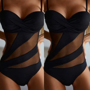 Mesh Solid Swimsuit One Piece Sexy Strape Swimwear Women Backless Bathing Suit Female Summer Beachwear Mesh Front Swimwears 수영복