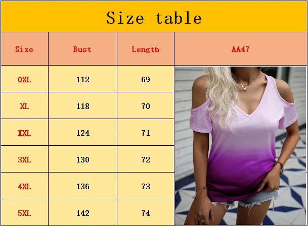 Plus-size t-shirt gradually changing color off-shoulder casual fashion t-shirt plus-size women's clothing