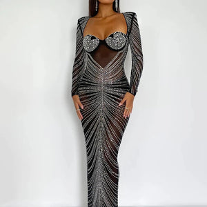 Mozision Glitter Mesh See Through Party Maxi Dress For Women Fashion Full Sleeve Bodycon Sexy Club Long Evening Dress Vestido