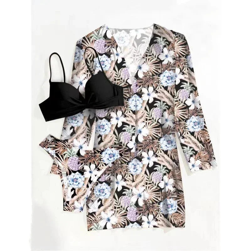 Floral Print 3 Pieces Swimsuit Women Strappy Bikini Set+Long Sleeve Blusas Cover-Up Swimwear Sexy Low Waist Push Up Bathing Suit