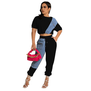 Jeans Denim Patchwork Streetwear Two Piece Set Women Summer Short Sleeve Crop Top T-Shirt Jogger Pants Fitness Outfit Tracksuit