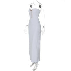 Mozision Metal Button Strapless Backless Long Dress Women Fashion Hollow Out Off-shoulder Sleeveless Bodycon Party Midi Dress