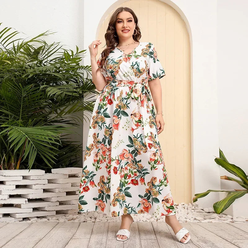 plus size New best-selling oversized loose V-neck dress for women with elastic waist  short sleeved printed long skirt