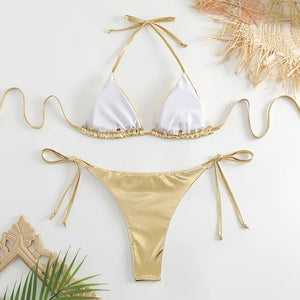 Sexy Brozing Gold Bikinis Sets Women Push Up Micro Bikini Swimsuit 2024 Brazilian Beach Bathing Suit Tie Side Triangle Swimwear