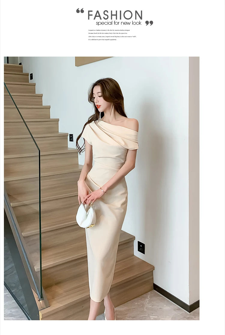 Elegant Off Shoulder Evening Party Dresses Women Summer Fashion Slim One Piece Solid Vestidos Korean Graduation Robe Clothing