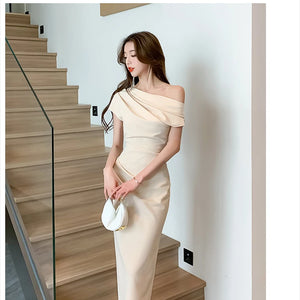 Elegant Off Shoulder Evening Party Dresses Women Summer Fashion Slim One Piece Solid Vestidos Korean Graduation Robe Clothing