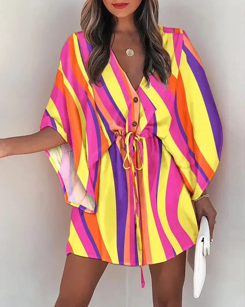 Summer Casual Dress Women Fashion Flying Sleeve V-neck Print Beach Party Dresses Elegant Lace Up Mini Dress Robe Femme 2023 New