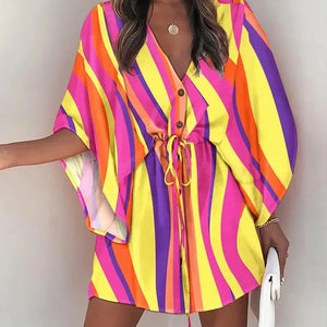 Summer Casual Dress Women Fashion Flying Sleeve V-neck Print Beach Party Dresses Elegant Lace Up Mini Dress Robe Femme 2023 New