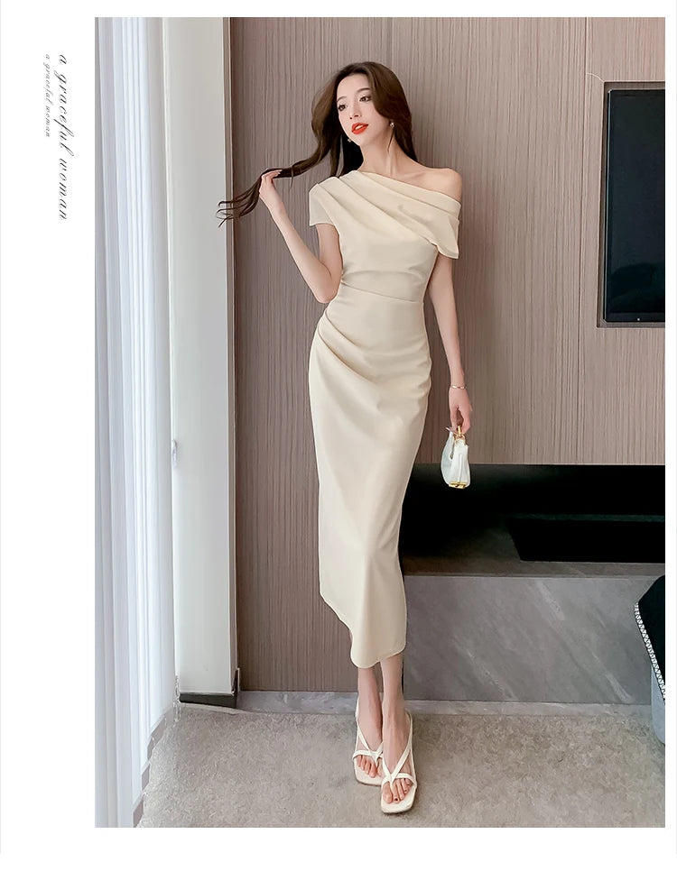 Elegant Off Shoulder Evening Party Dresses Women Summer Fashion Slim One Piece Solid Vestidos Korean Graduation Robe Clothing