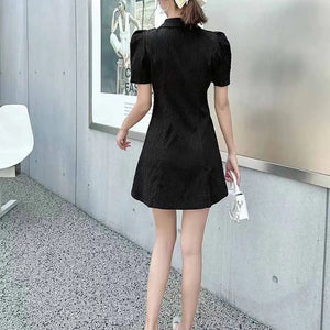 Summer Fashion Retro French Style Black White Chic Elegant Dresses for Women Casual Zipper Short Sleeve Slim Midi Dress Vestidos