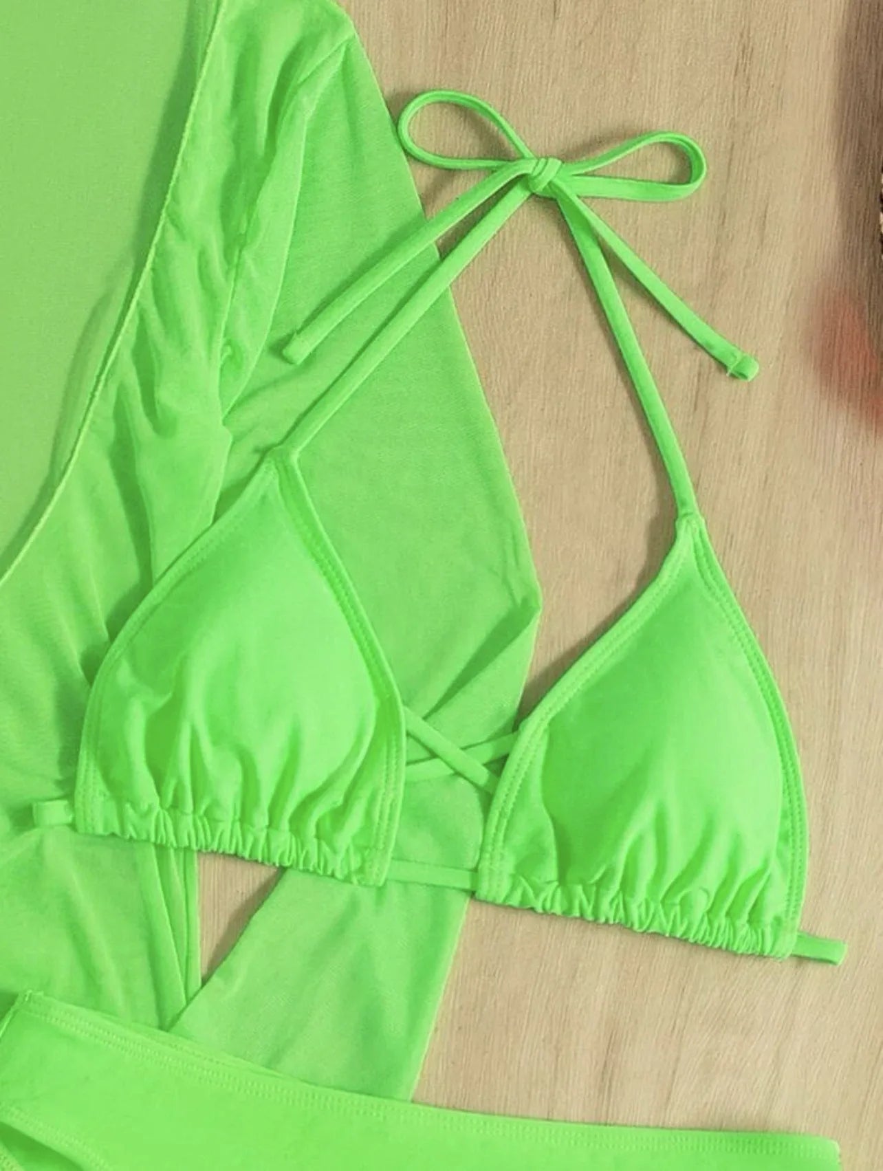 Long Sleeves Dress Bikini Set 2024 Women Neon Green Lace Up 3 Pieces Swimsuit Brazilian Bathing Suit Pleate Cover Up Swimwear