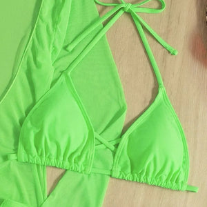 Long Sleeves Dress Bikini Set 2024 Women Neon Green Lace Up 3 Pieces Swimsuit Brazilian Bathing Suit Pleate Cover Up Swimwear