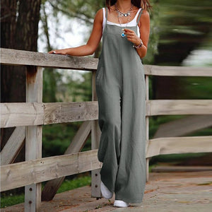 Plus Size L-5XL Solid Cotton Linen Wide Leg Pants Women New Jumpsuit Summer Casual Loose Sleeveless Pockets Bib Overalls Rompers