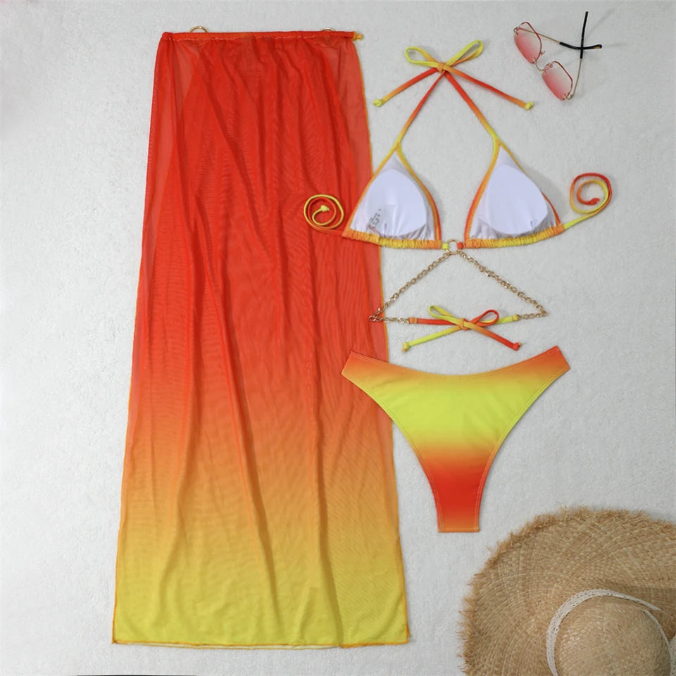 3 Piece Backless Bikinis & Long Beach Skirt Swimwear 2024 New Women Ring Link Swimsuit Lady Bathing Swimming Summer Beachwear