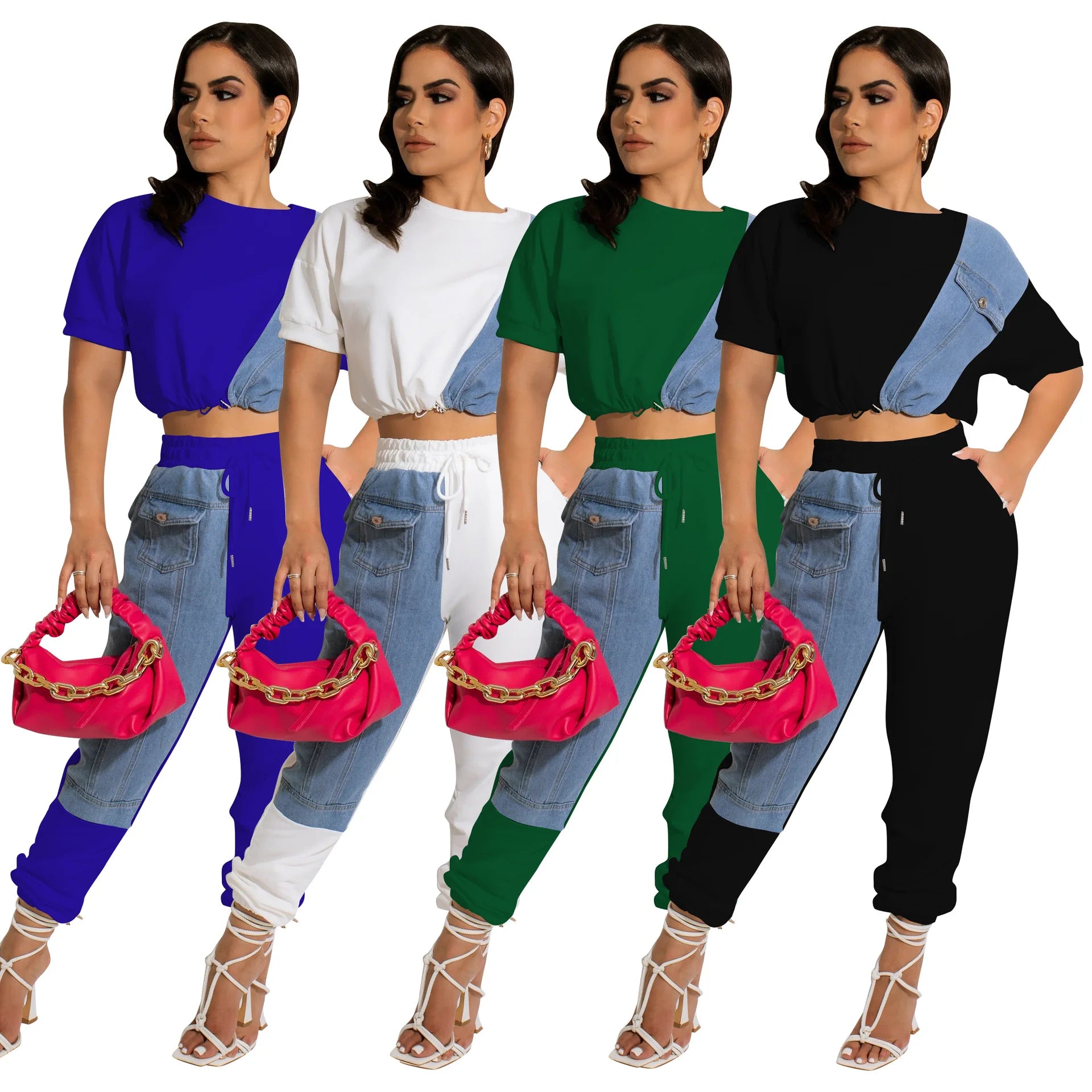 Jeans Denim Patchwork Streetwear Two Piece Set Women Summer Short Sleeve Crop Top T-Shirt Jogger Pants Fitness Outfit Tracksuit