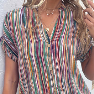 Plus Size Casual Blouse, Women's Plus Stripe Print Button Decor Short Sleeve Notched Neck Blouse