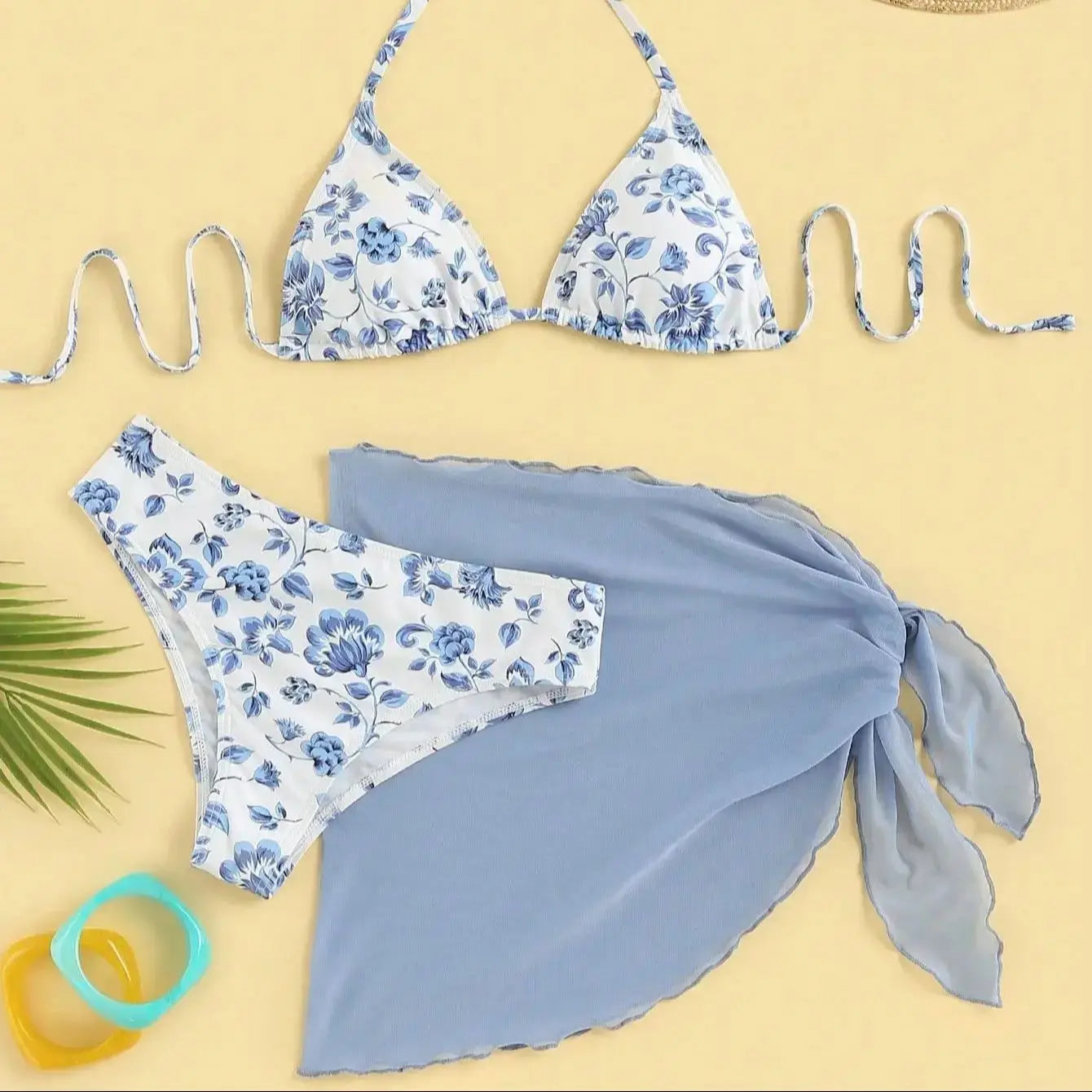 3 Piece Bikini Suit Print Flower Sexy Triangle Cup Hang Neck Swimwear Blue Female High Slit Skirt  Women Beach Suit