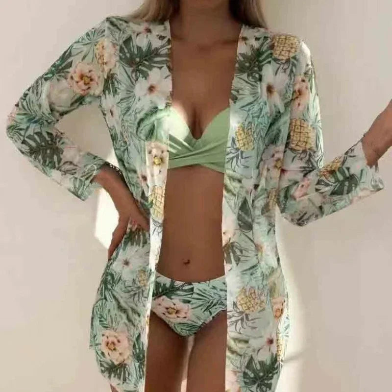 Floral Print 3 Pieces Swimsuit Women Strappy Bikini Set+Long Sleeve Blusas Cover-Up Swimwear Sexy Low Waist Push Up Bathing Suit