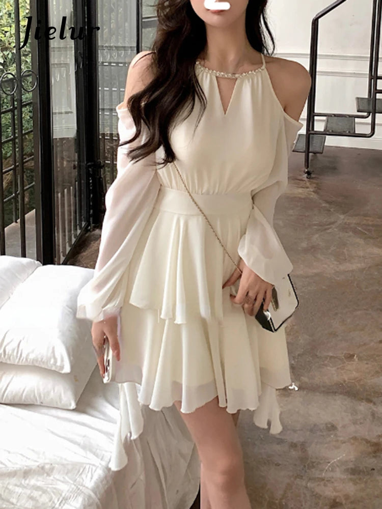 Jielur Summer Elegant Chiffon Mini Dress Women Long Sleeve Even Party Dresses Office Lady Chiffon One Piece Dress Korean Fashion