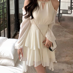 Jielur Summer Elegant Chiffon Mini Dress Women Long Sleeve Even Party Dresses Office Lady Chiffon One Piece Dress Korean Fashion