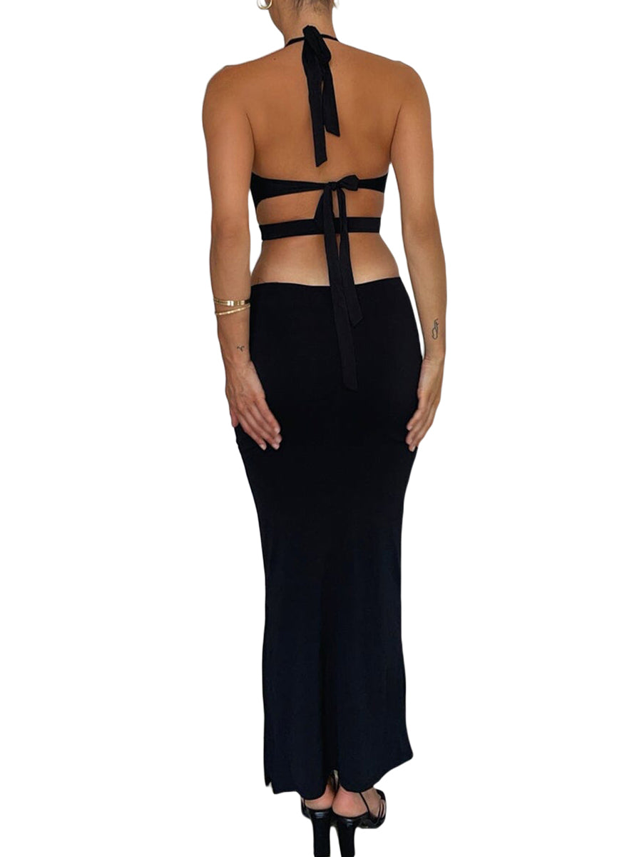 Sexy Cutout Halter Neck Backless Maxi Dress Tie-Up Black Elegant Cocktail Party Dresses for Women Clothing Autumn Fashion