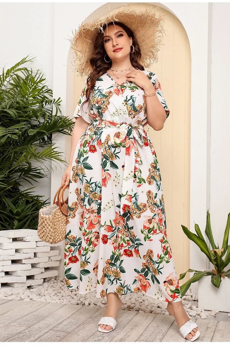 plus size New best-selling oversized loose V-neck dress for women with elastic waist  short sleeved printed long skirt