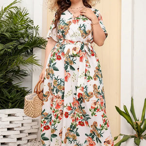 plus size New best-selling oversized loose V-neck dress for women with elastic waist  short sleeved printed long skirt