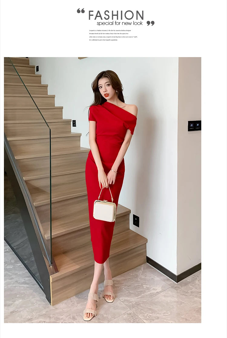 Elegant Off Shoulder Evening Party Dresses Women Summer Fashion Slim One Piece Solid Vestidos Korean Graduation Robe Clothing