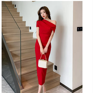 Elegant Off Shoulder Evening Party Dresses Women Summer Fashion Slim One Piece Solid Vestidos Korean Graduation Robe Clothing