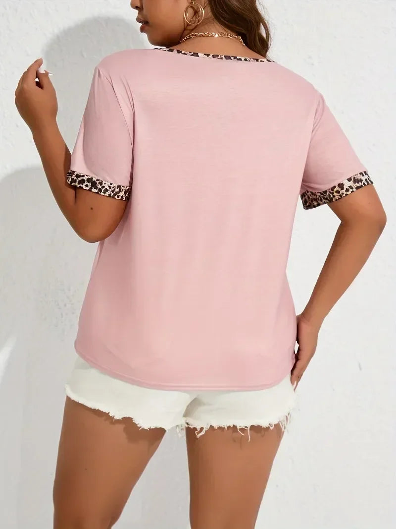 Women's clothing T-shirt summer new product plus size casual short sleeved contrasting leopard print edge T-shirt casual fashion