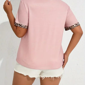 Women's clothing T-shirt summer new product plus size casual short sleeved contrasting leopard print edge T-shirt casual fashion