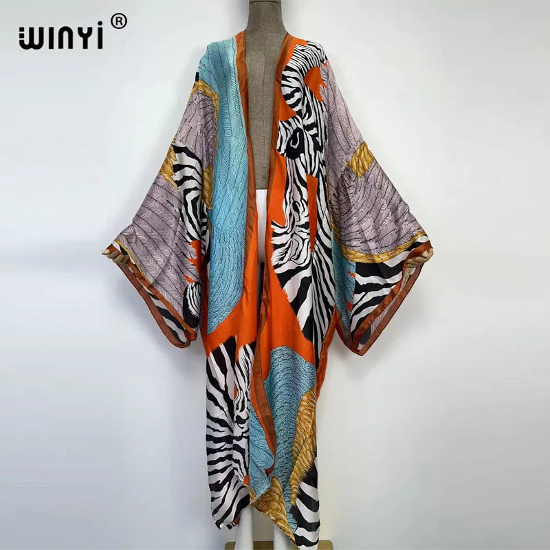 WINYI 2022 Summer Women Cardigan stitch Cocktail sexy Boho Maxi African Holiday Batwing Sleeve Silk feeling Robe kimono kaftan