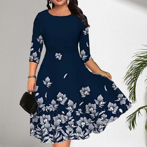 Women Dress Summer O-neck 3/4 Sleeve Midi Dress Plus Size Butterflies Printing Waist Tight Loose Hem Casual Dress Streetwear