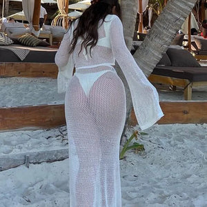 Knitted Crochet Beach Cover Ups Swimsuit Two Pieces Bathing Suit Women Sexy Long Sleeve Hollow Crop Tops Split Maxi Skirts