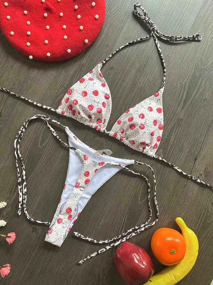 Swimwear Women Cute  Cherry Print Brazilian Thong Bikini Set Sexy Thong Swimsuit Two Pieces Bathing Suit Women 2023 Beach Wear