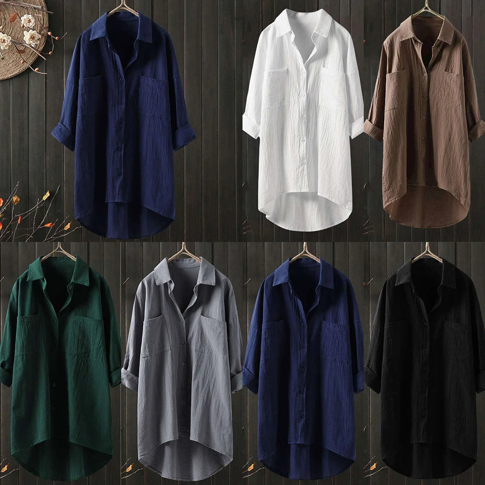 Plus Size L-5XL Casual Shirts Women 2024 New Long Sleeve Lapel Neck Blouse Tops Solid Color Buttons Ladies Pockets Basic Shirt