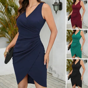 Women Dress V Neck Pleated High Tight Waist Slim Sleeveless Irregular Hem Cocktail Dresses Ruched Bodycon Party Evening Dresses