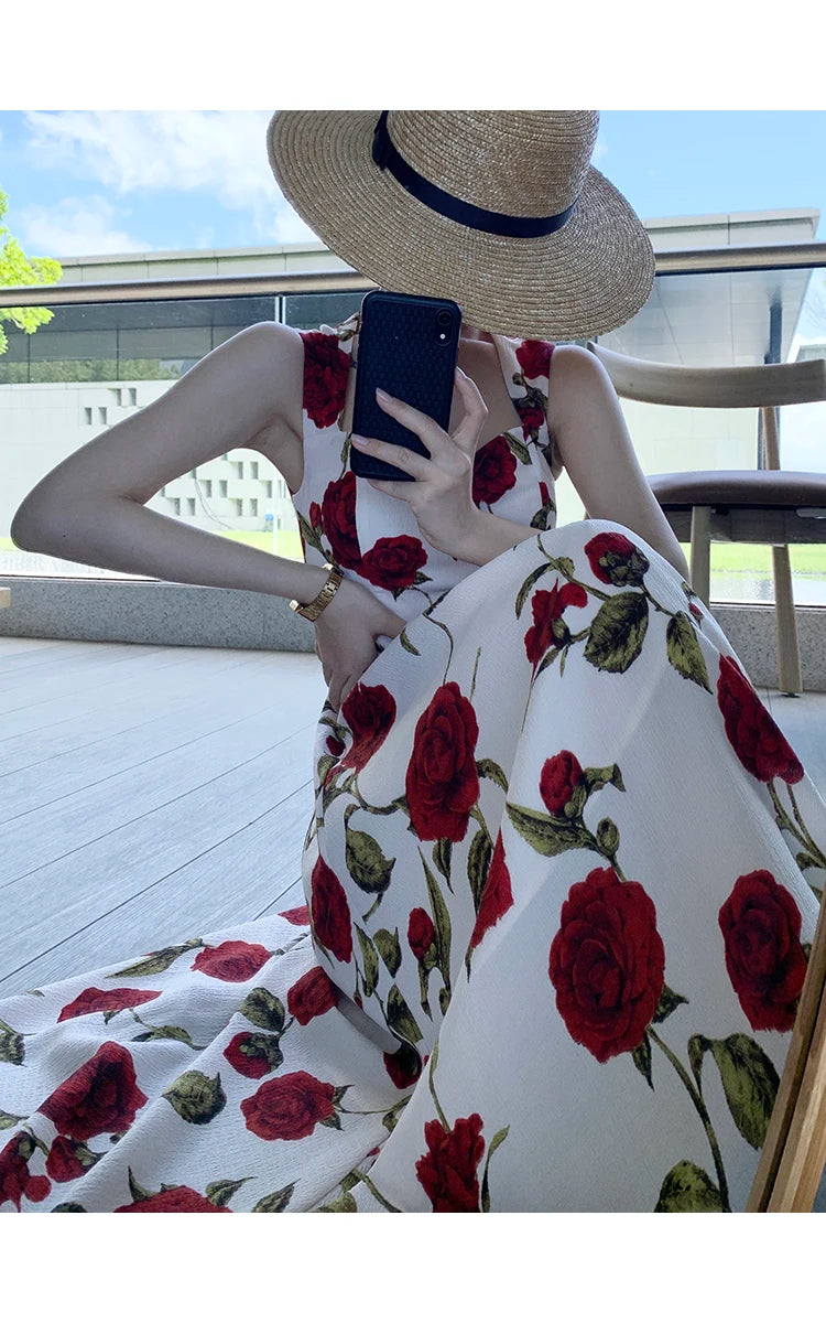 Women's Summer Elegant Floral Print Rose Strap Midi Dress Sleeveless Casual Beach Party Sundress Female Fashion A-Line Vestidos