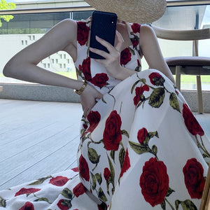 Women's Summer Elegant Floral Print Rose Strap Midi Dress Sleeveless Casual Beach Party Sundress Female Fashion A-Line Vestidos