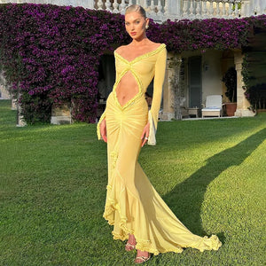 Nsauye Sexy Dress Summer Beach Women Long Sleeve Mesh Ruched Ruffles Maxi Wrap Cut Out Party Club Fashion Elegant Dress 2024