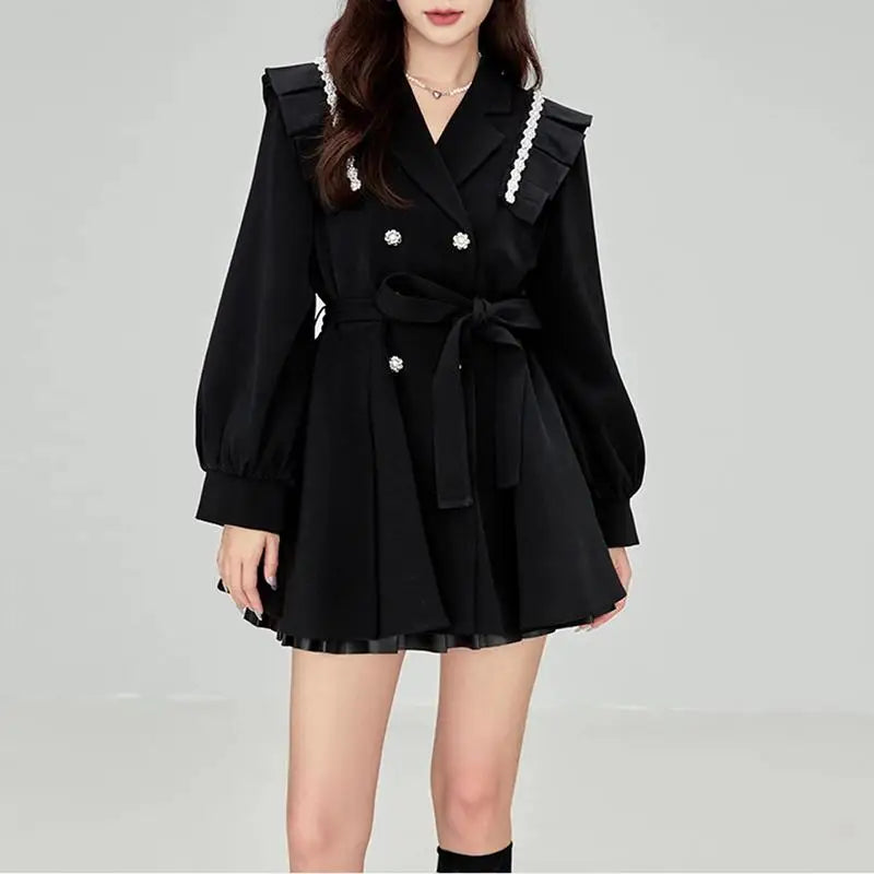 Korean Fashion Black Mini Blazer Dress Women Elegant Chic Sashes Button Design Dress Winter Casual Sexy Evening Party Dress New