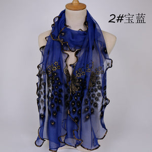 Popular peacock flocking breathable long towel 190x40cm gilded lace women's scarf