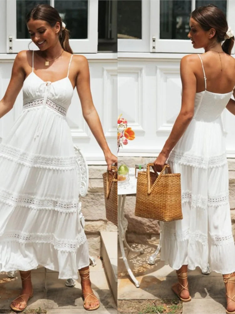 Summer New Women Boho Dress Fashion Spaghetti Strap White Beach Party Dress Robe Femme 2024 Elgeant Casual Female Vestidos